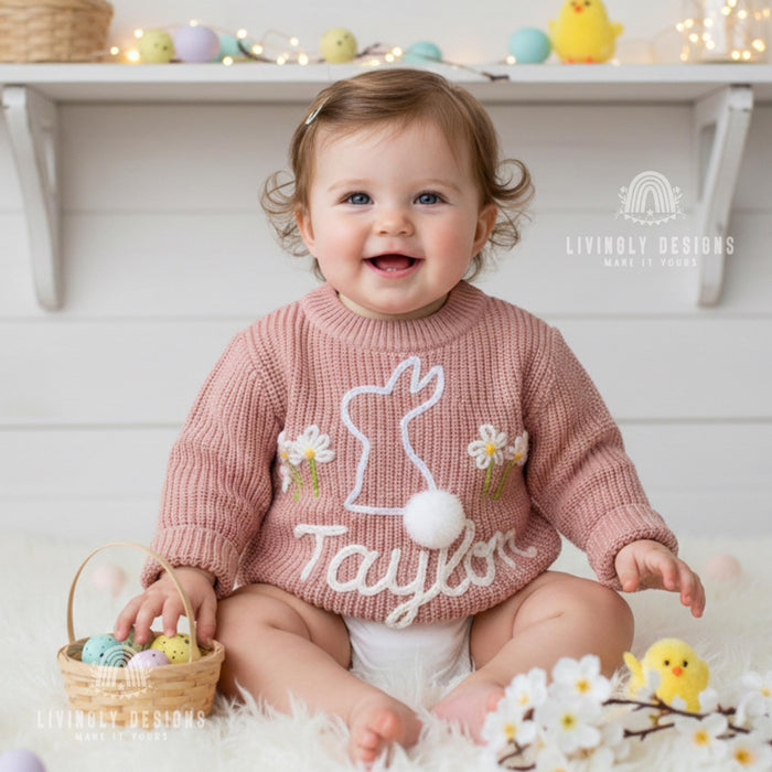 Custom Baby & Kids Jumper with Daisies and Bunny Keepsake Gift  with Name