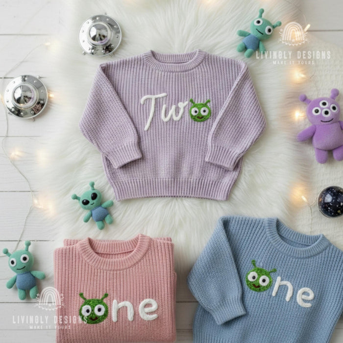 Personalized Number/Age Birthday Knit Sweater with Alien Detail