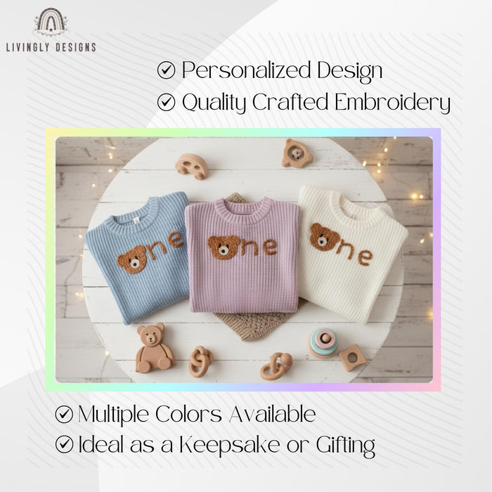 Personalized Birthday Knit Kids Sweater with Bear Detail Number