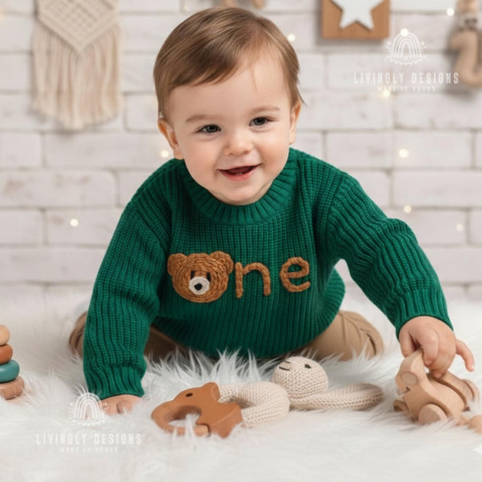 Personalized Birthday Knit Kids Sweater with Bear Detail Number
