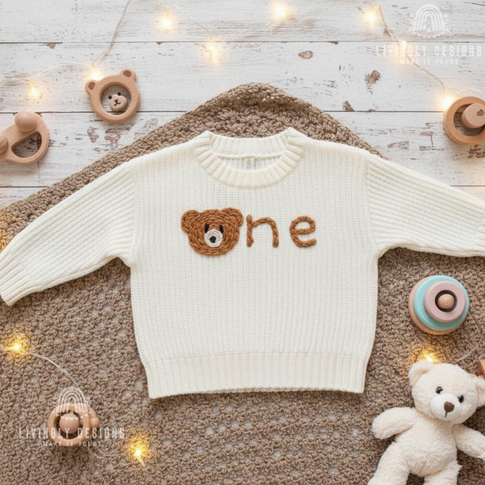 Personalized Birthday Knit Kids Sweater with Bear Detail Number