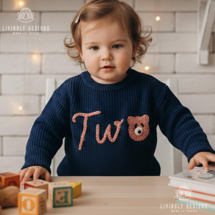 Personalized Birthday Knit Kids Sweater with Bear Detail Number