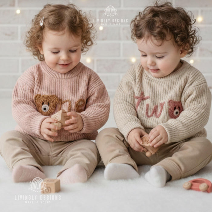 Personalized Birthday Knit Kids Sweater with Bear Detail Number