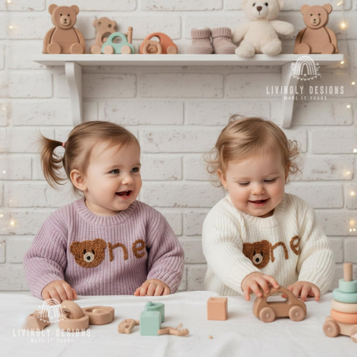 Personalized Birthday Knit Kids Sweater with Bear Detail Number