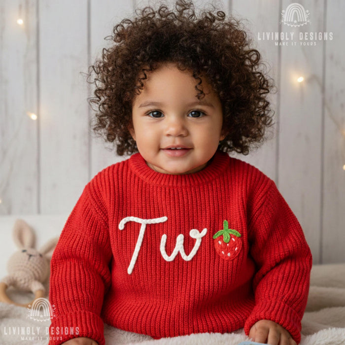 Personalized Number/Age Birthday Knit Sweater with Strawberry Detail