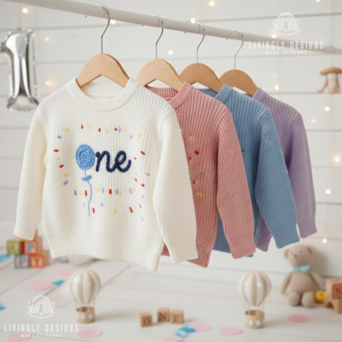 Custom Birthday Knit Sweater with Balloon Celebration Keepsake