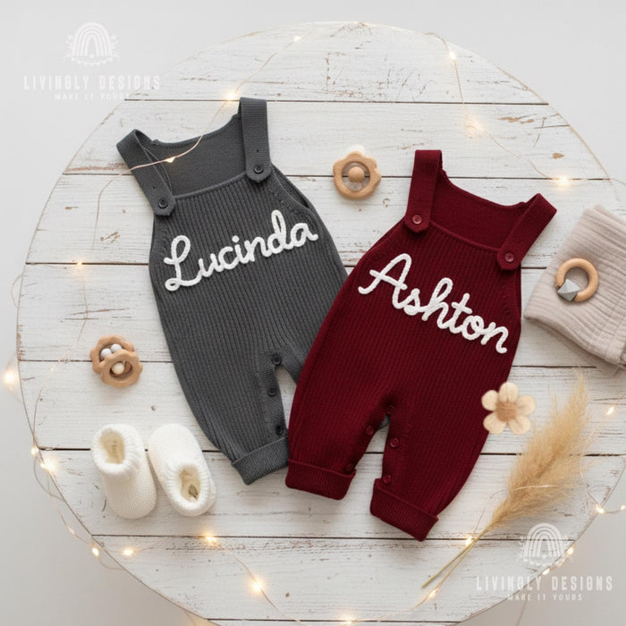 Personalized Knit Baby Overalls: Custom Name Romper
