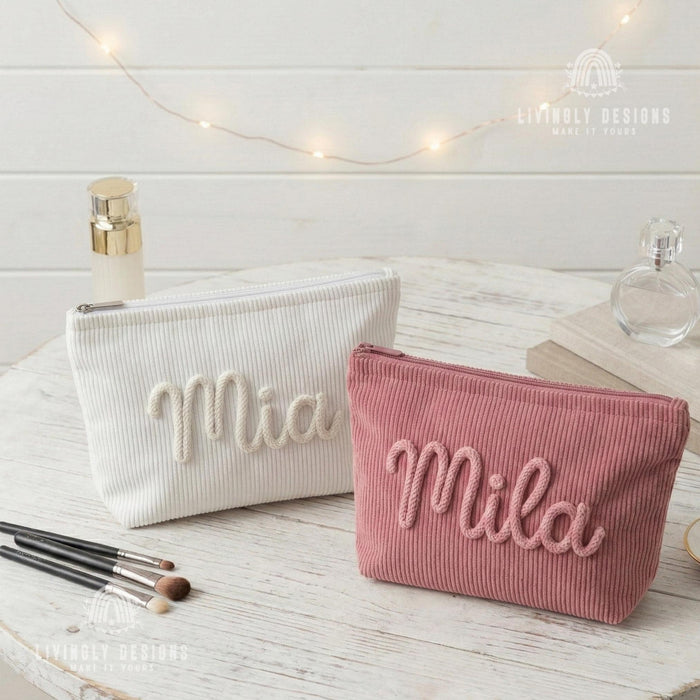 Personalized Corduroy Makeup Bag: Custom Name Cosmetic Pouch