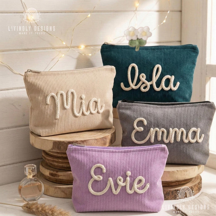 Personalized Corduroy Makeup Bag: Custom Name Cosmetic Pouch