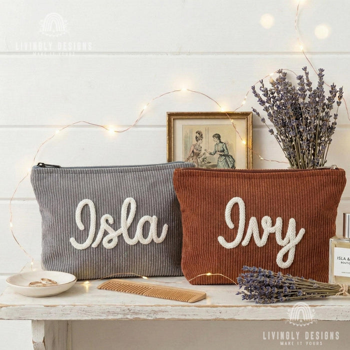 Personalized Corduroy Makeup Bag: Custom Name Cosmetic Pouch