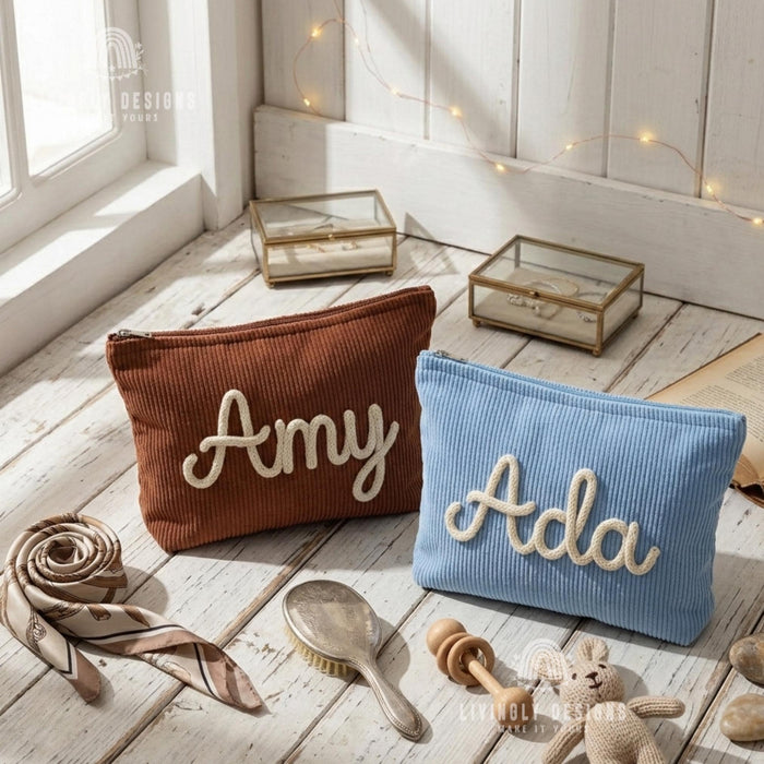 Personalized Corduroy Makeup Bag: Custom Name Cosmetic Pouch