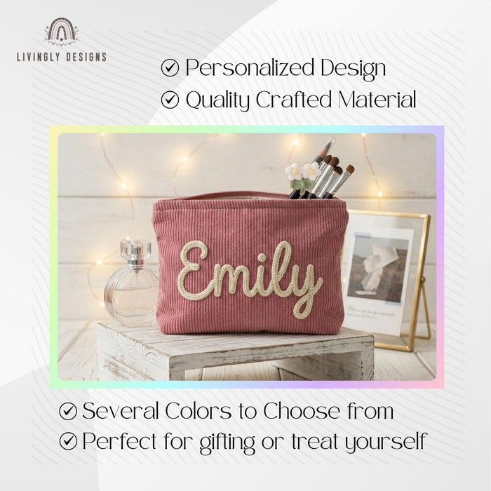 Personalized Corduroy Makeup Bag: Custom Name Cosmetic Pouch