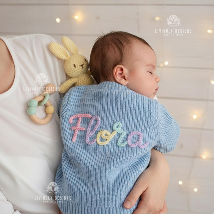 Custom Baby Name Cardigan | Personalized Knit Jumper | Embroidered Infant Sweater | Unique Baby Gift
