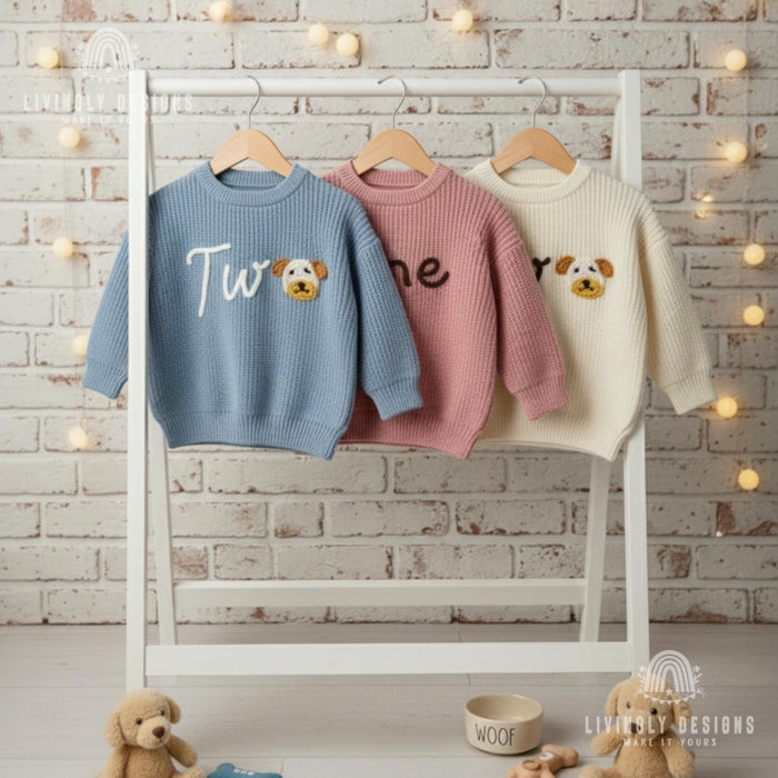 Personalized Number/Age Birthday Knit Sweater with Puppy Detail