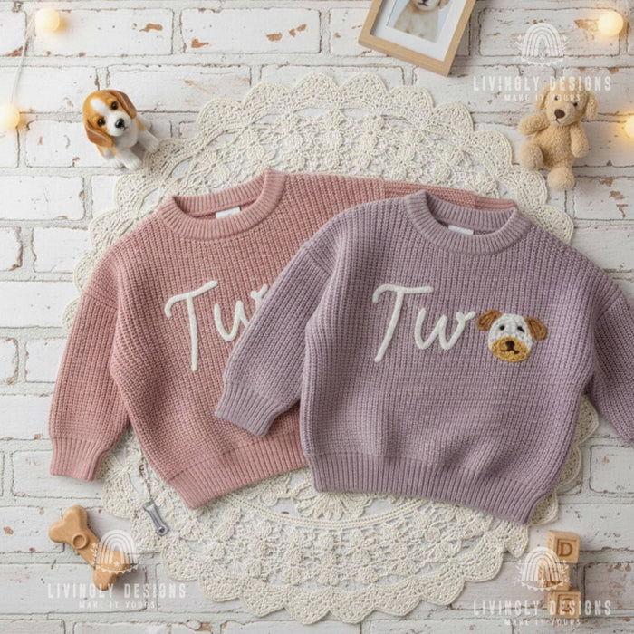 Personalized Number/Age Birthday Knit Sweater with Puppy Detail