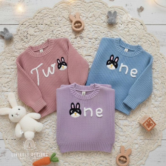 Personalized Number Knit Sweater Custom Bunny Animal Keepsake