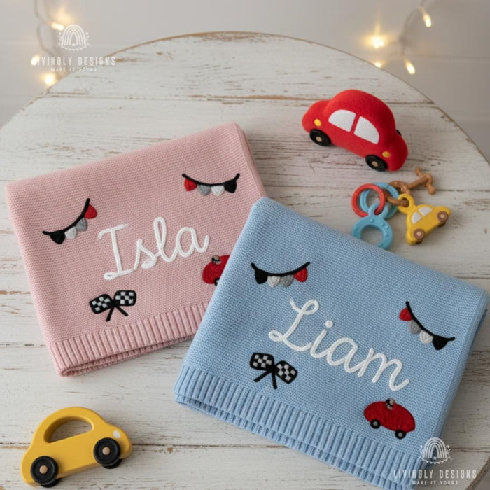 Custom Name Blanket: Personalized Racing Car Knit Baby Blanket Keepsake