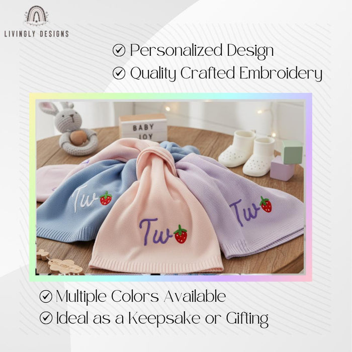 Personalized Strawberry Knit Baby Blanket: Custom Name First Birthday