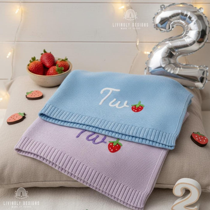 Personalized Strawberry Knit Baby Blanket: Custom Name First Birthday