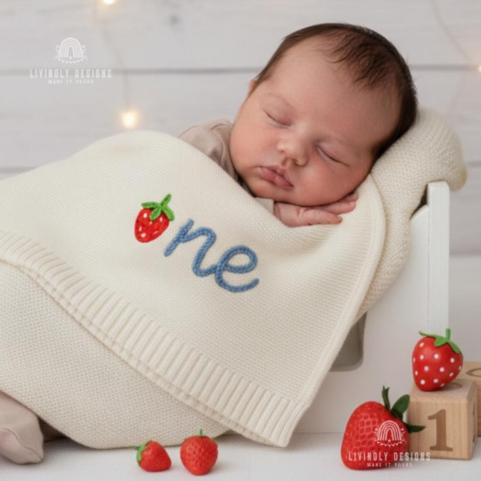 Personalized Strawberry Knit Baby Blanket: Custom Name First Birthday
