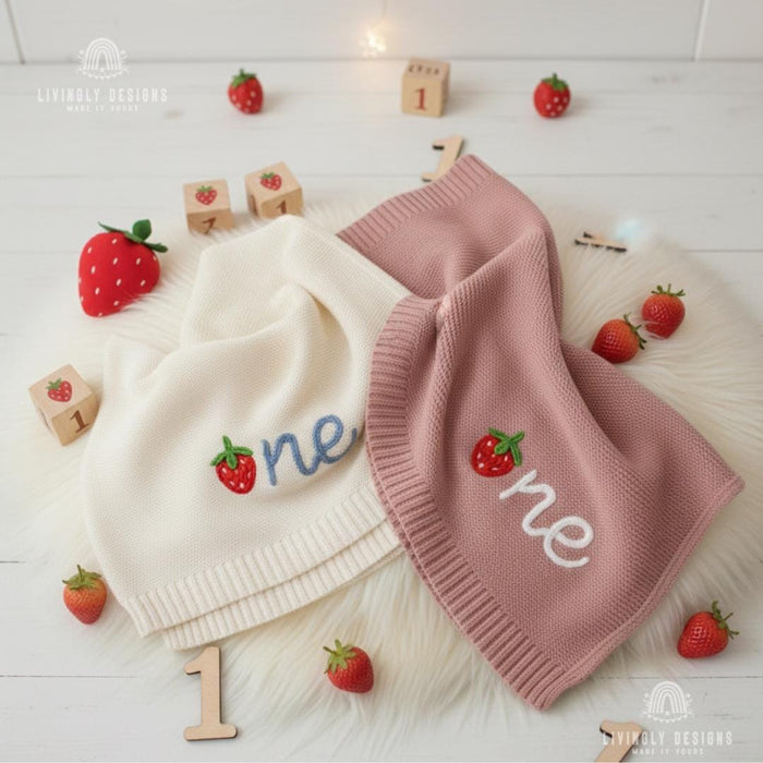 Personalized Strawberry Knit Baby Blanket: Custom Name First Birthday