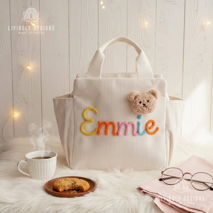 Personalized Corduroy Tote: Heart Print Kids Lunch Bag