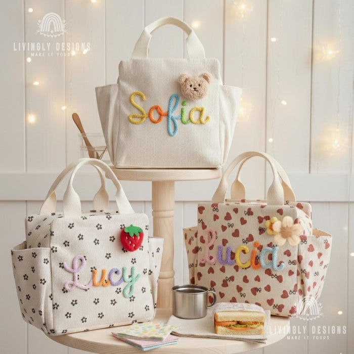 Personalized Corduroy Tote: Heart Print Kids Lunch Bag