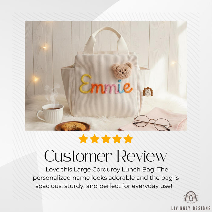 Personalized Corduroy Tote: Heart Print Kids Lunch Bag