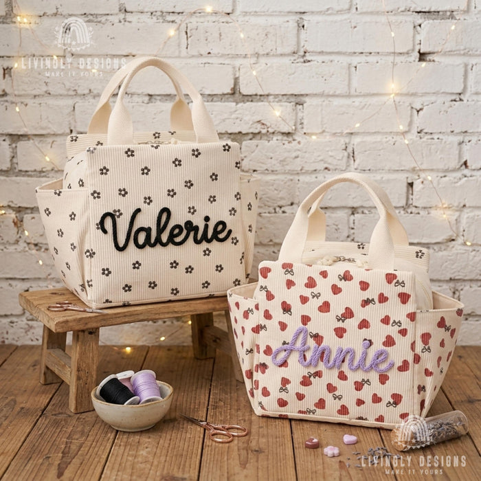 Personalized Corduroy Tote: Heart Print Kids Lunch Bag