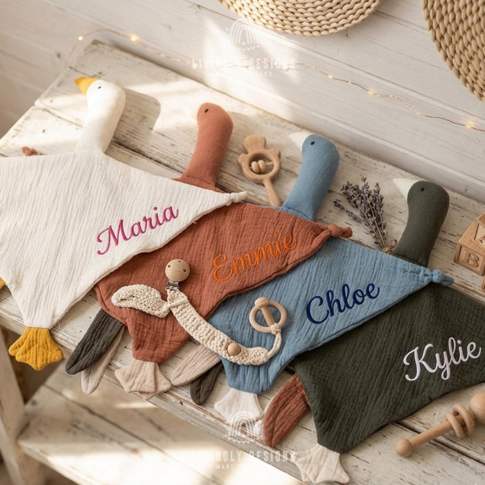 Personalized Goose Lovey Blanket Embroidered Muslin Security Comfort Toy