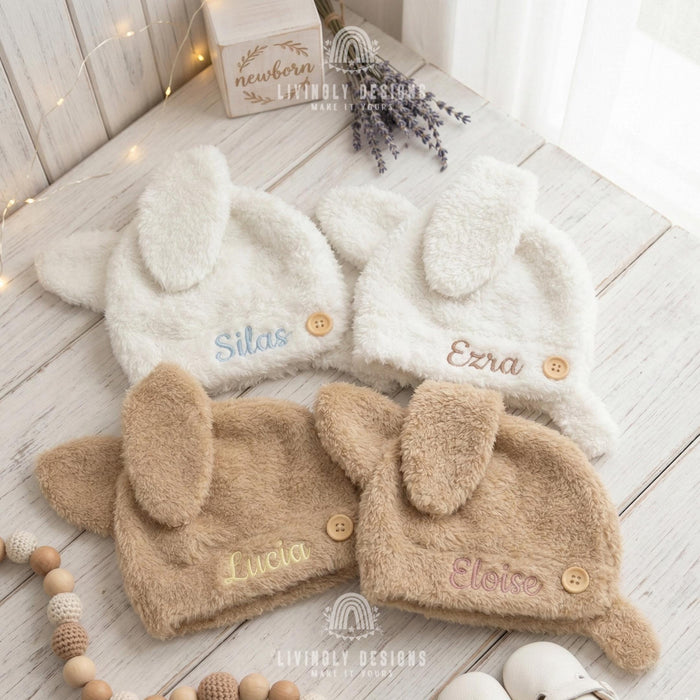 Custom Soft Sherpa Baby Hat with Ears and Personalized Name