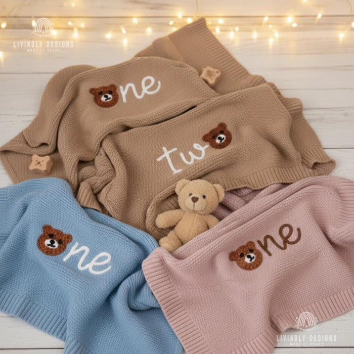 Personalized Teddy Bear "One" Birthday Blanket