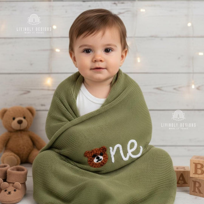 Personalized Teddy Bear "One" Birthday Blanket