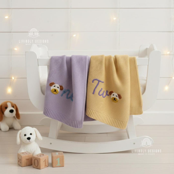 Custom Puppy "O" Knit Baby Blanket Personalized Name or Birthday Number