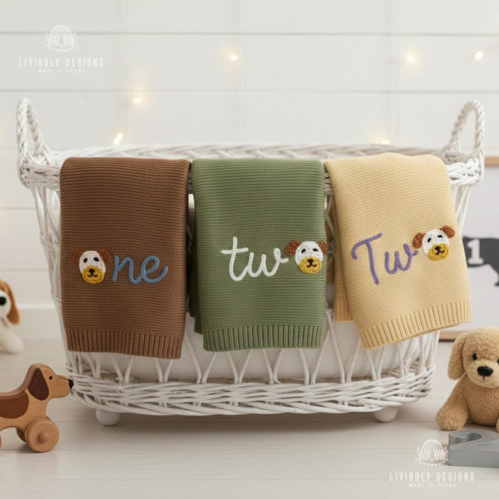 Custom Puppy "O" Knit Baby Blanket Personalized Name or Birthday Number