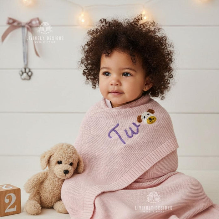 Custom Puppy "O" Knit Baby Blanket Personalized Name or Birthday Number