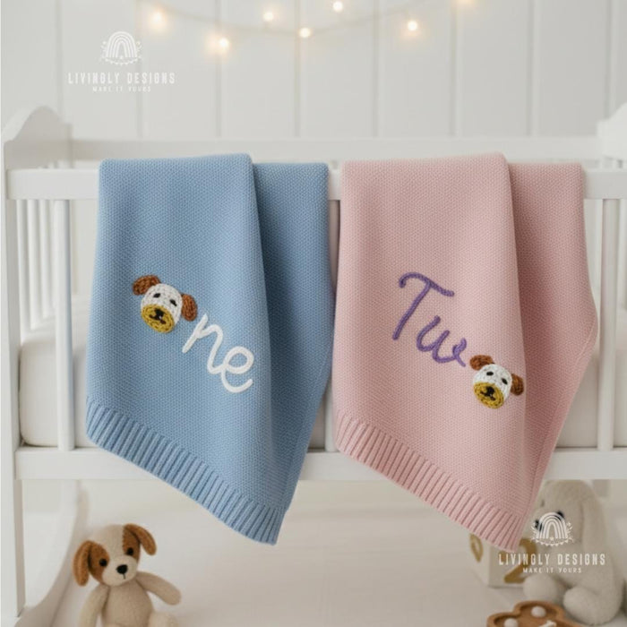 Custom Puppy "O" Knit Baby Blanket Personalized Name or Birthday Number