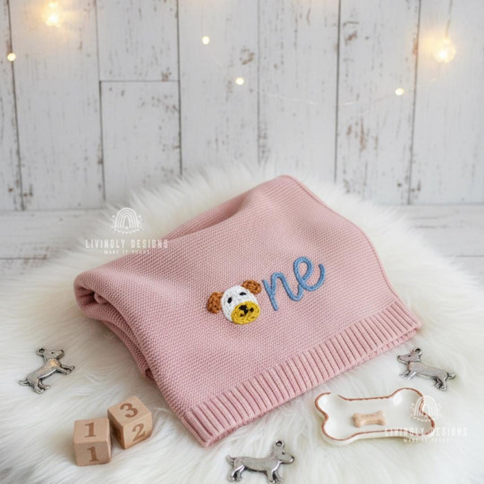 Custom Puppy "O" Knit Baby Blanket Personalized Name or Birthday Number