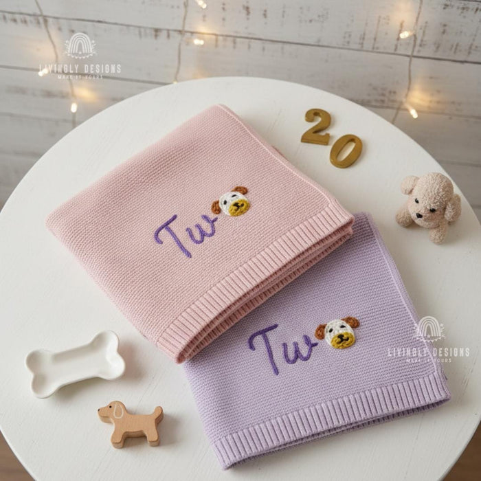 Custom Puppy "O" Knit Baby Blanket Personalized Name or Birthday Number