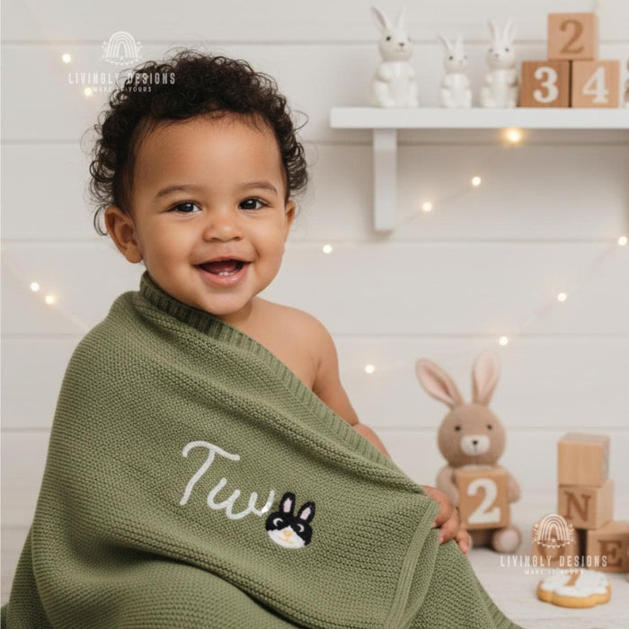 Personalized Bunny Baby Blanket: Custom Name & Number Birthday Blanket
