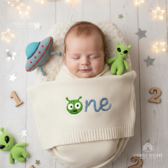 Custom Alien Baby Blanket Personalized Knit Milestone Blanket (One/Two)