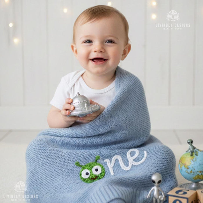 Custom Alien Baby Blanket Personalized Knit Milestone Blanket (One/Two)