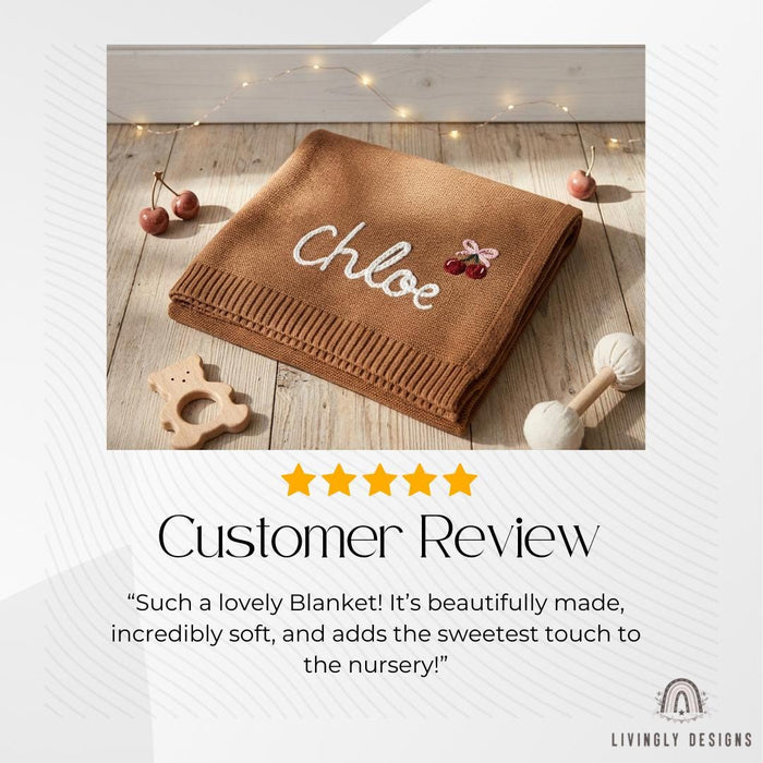 Custom Cherry Knit Baby Blanket with Embroidered Name