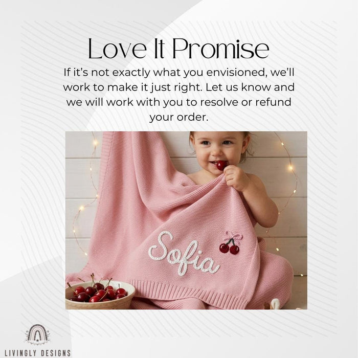 Custom Cherry Knit Baby Blanket with Embroidered Name