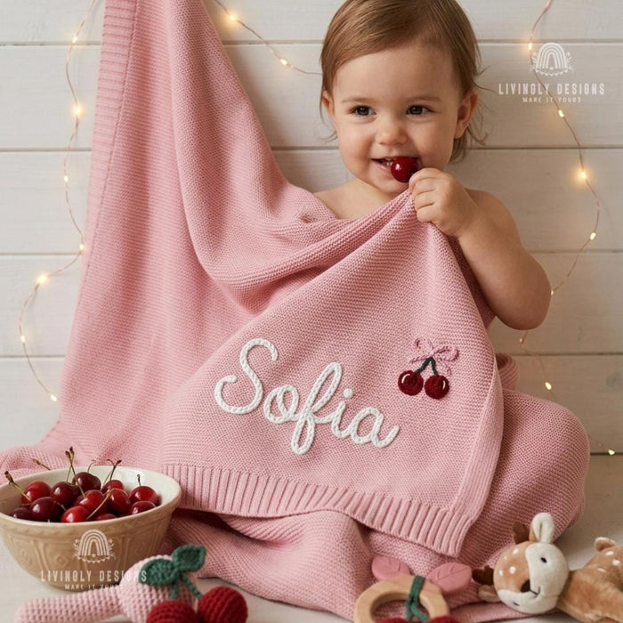 Custom Cherry Knit Baby Blanket with Embroidered Name