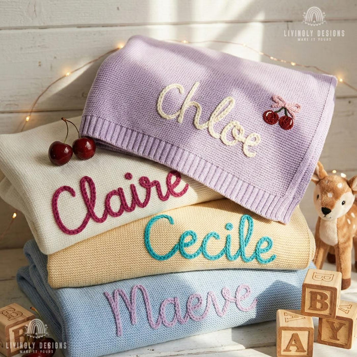 Custom Cherry Knit Baby Blanket with Embroidered Name