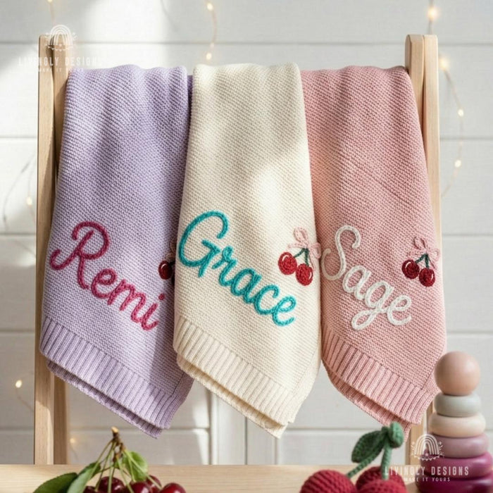 Custom Cherry Knit Baby Blanket with Embroidered Name