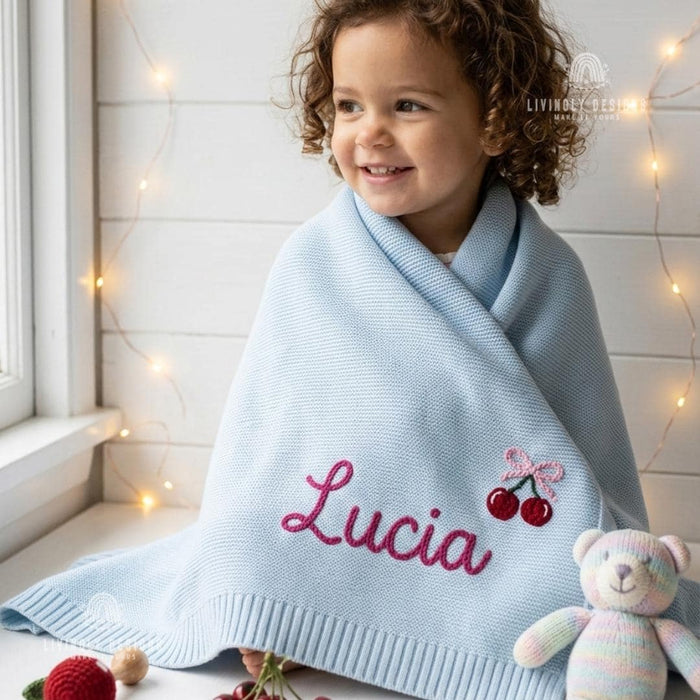 Custom Cherry Knit Baby Blanket with Embroidered Name