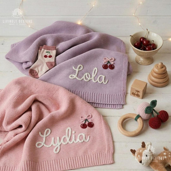 Custom Cherry Knit Baby Blanket with Embroidered Name