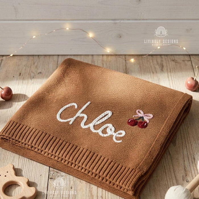 Custom Cherry Knit Baby Blanket with Embroidered Name